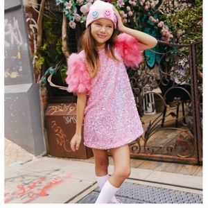 Lola + the boys pink rose party feather dress